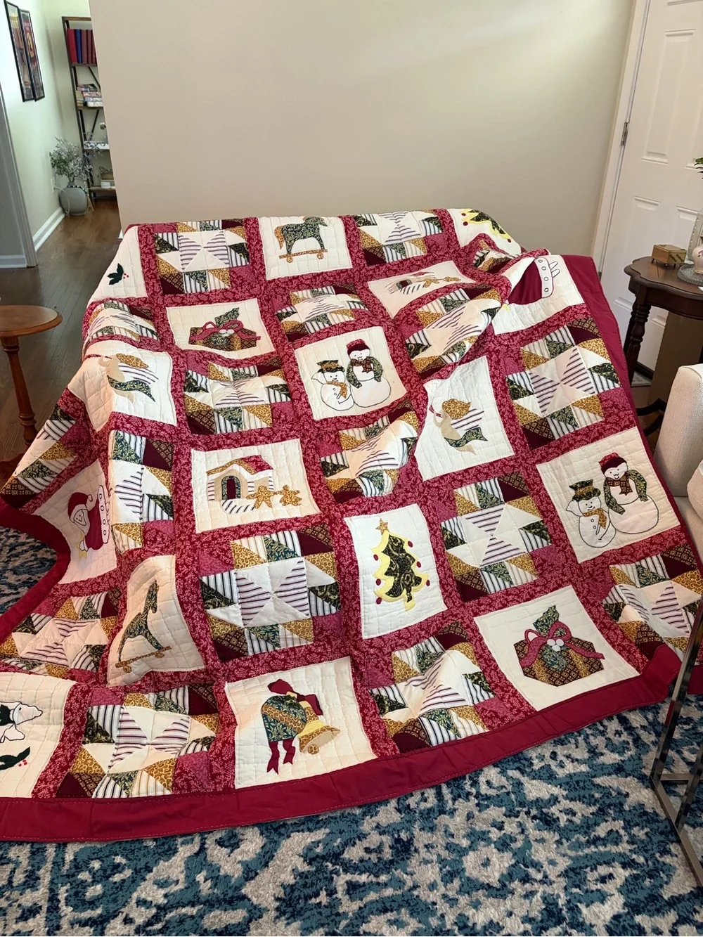 Festive Red Patchwork Holiday Throw Blanket with Appliqué.  Entirely hand sewn.